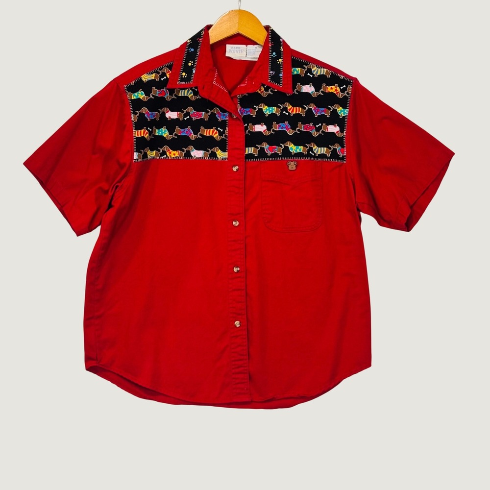 Blue Pointe Button Down Women M Red Dachshund Dog Print Short Sleeve Novelty Top